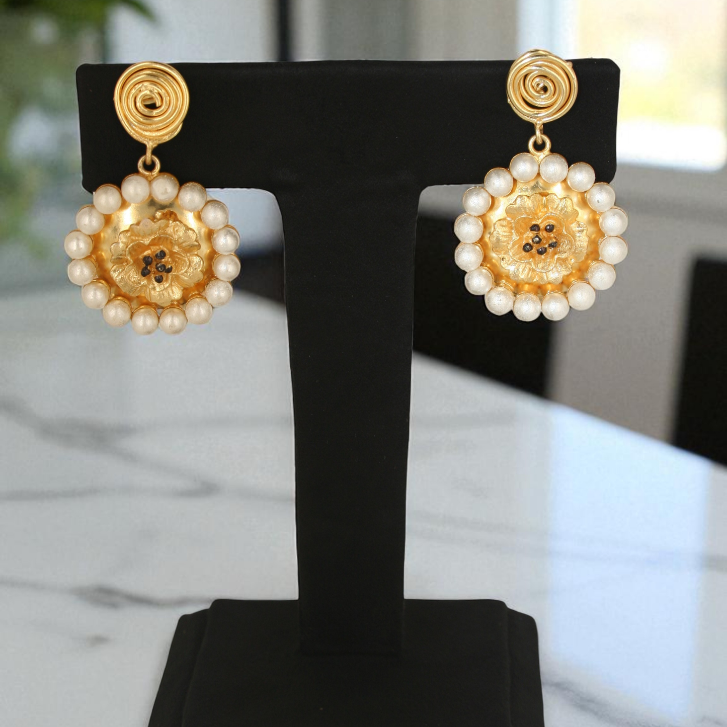 Golden Floral Center Earrings with ring of pearly beads