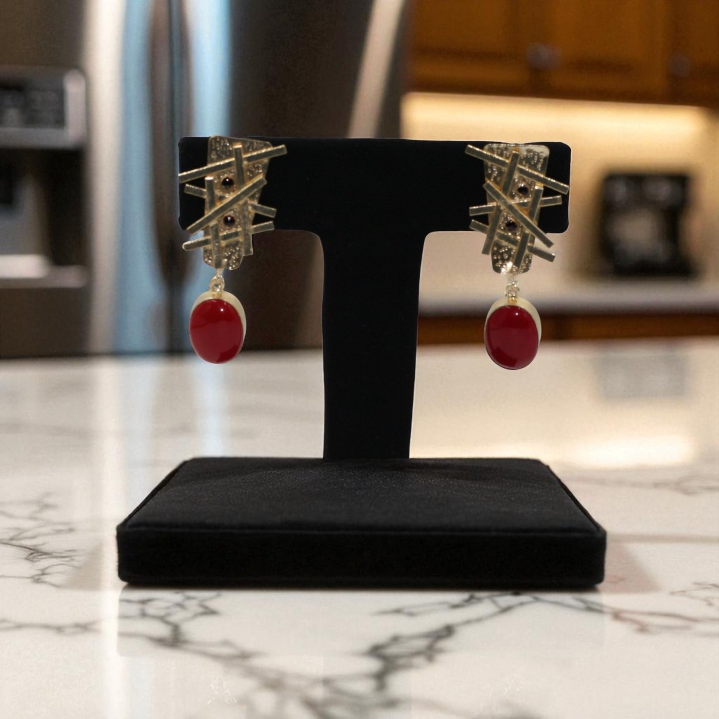 Crimson Lattice Drop Statement Earrings