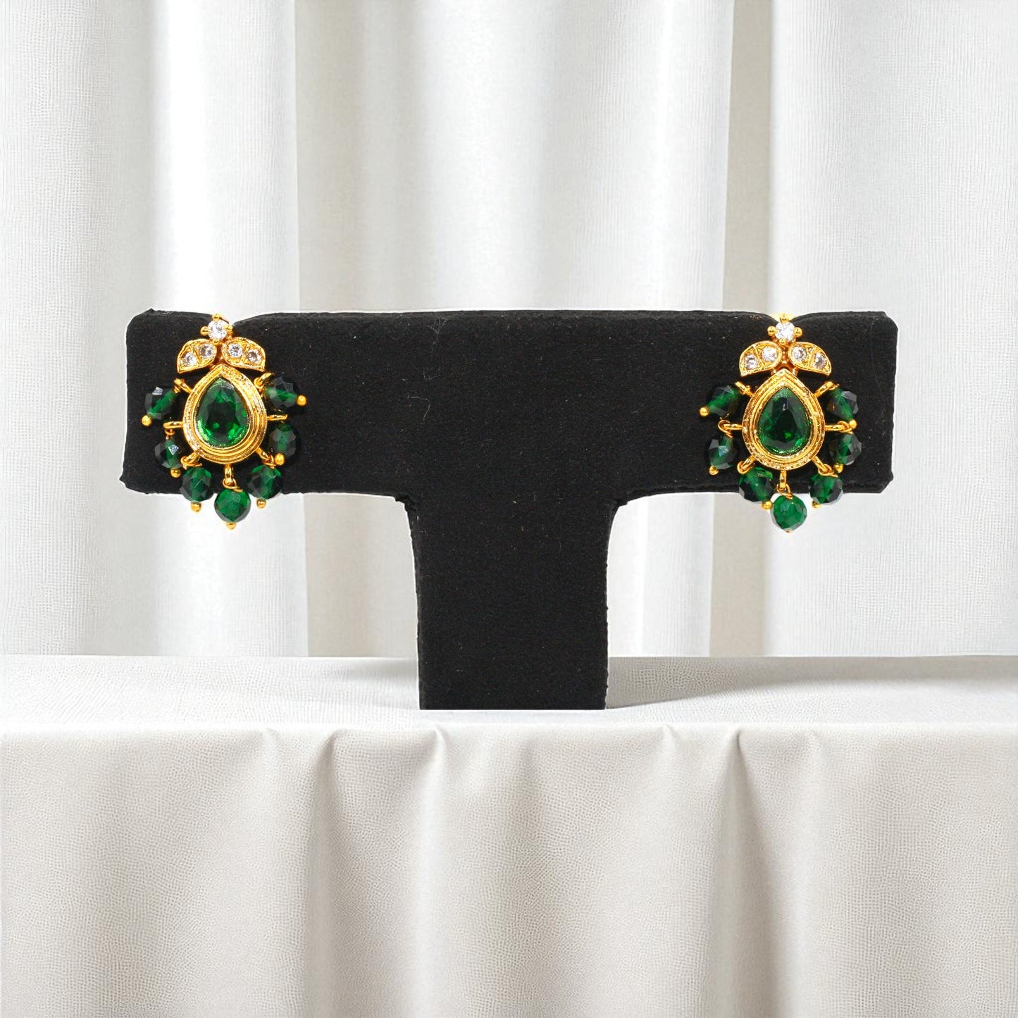 Emerald Green Teardrop Stud Earrings with Gold Finish and Crystal Accents