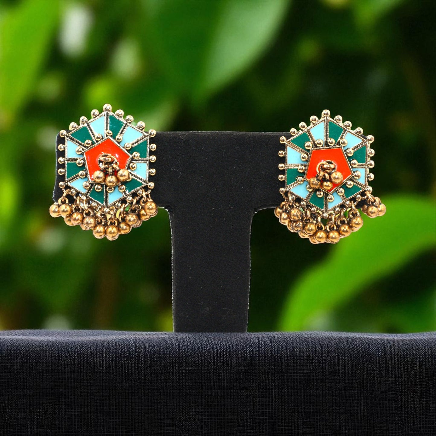 Multicolor Tribal-Inspired Geometric Stud Earrings with Antique Gold Ghungroo Detailing