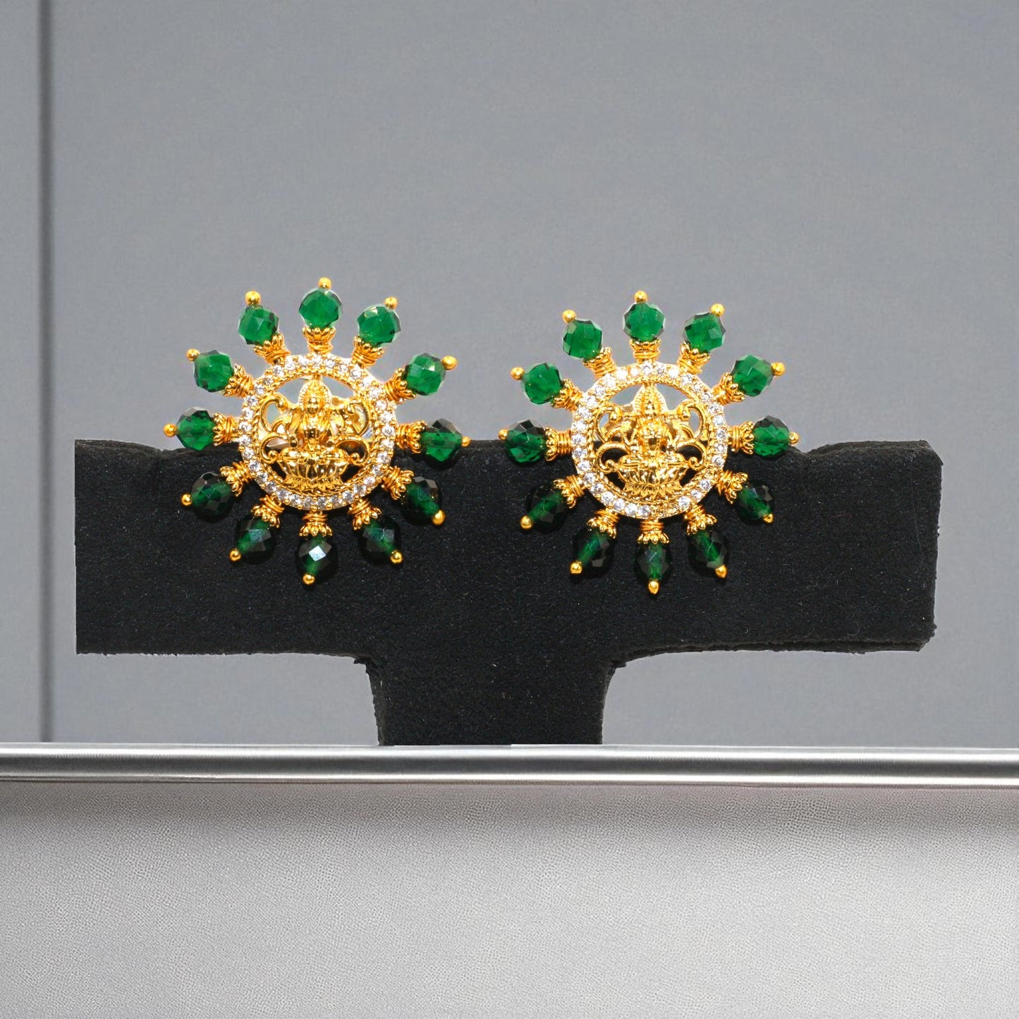 Goddess Lakshmi Stud Earrings with Green Beads & CZ Stone Circle – Temple Jewelry Style