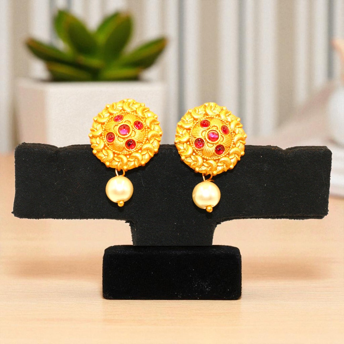 Antique Matte Gold Floral Stud Earrings with Ruby Stones & Pearl Drop