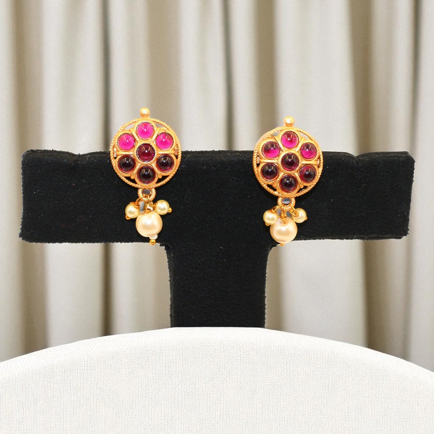 Vintage Circular Ruby Cluster Earrings with Pearl Drops