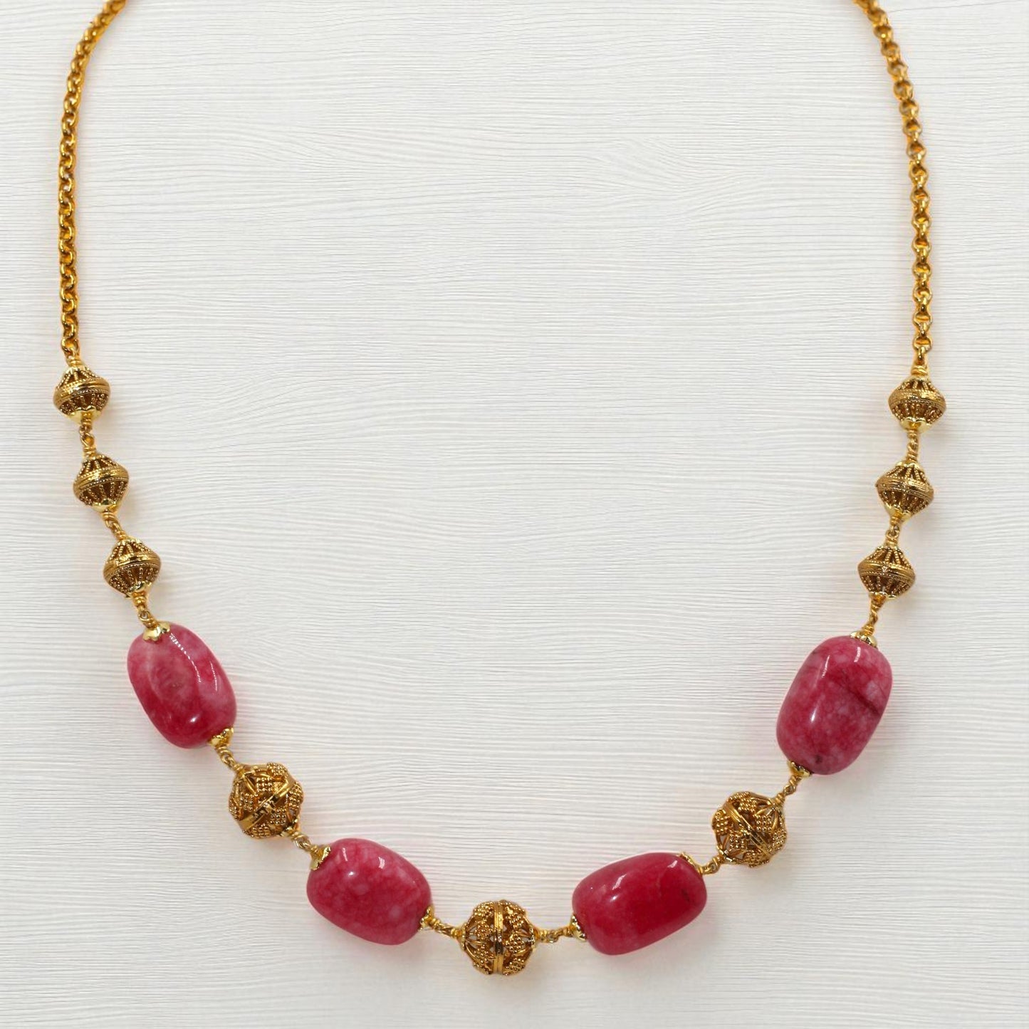 Gold Filigree & Pink Stone Bead Necklace