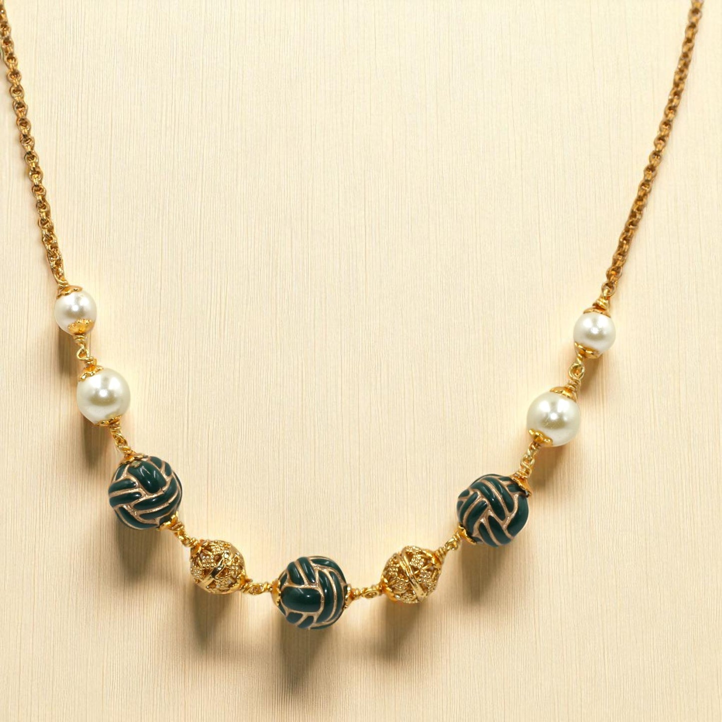 Gold Chain Necklace with Green Enamel Beads, Pearls & Filigree Accents
