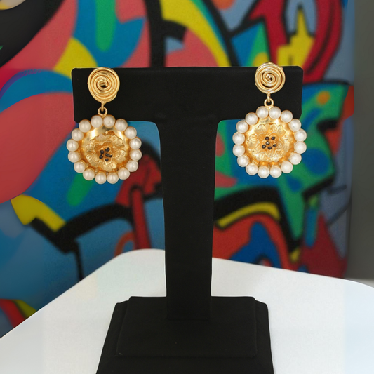 Golden Floral Center Earrings with ring of pearly beads