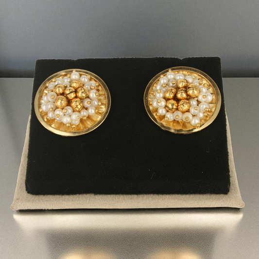 Handmade round earrings with gold-toned beads and dainty white pearls