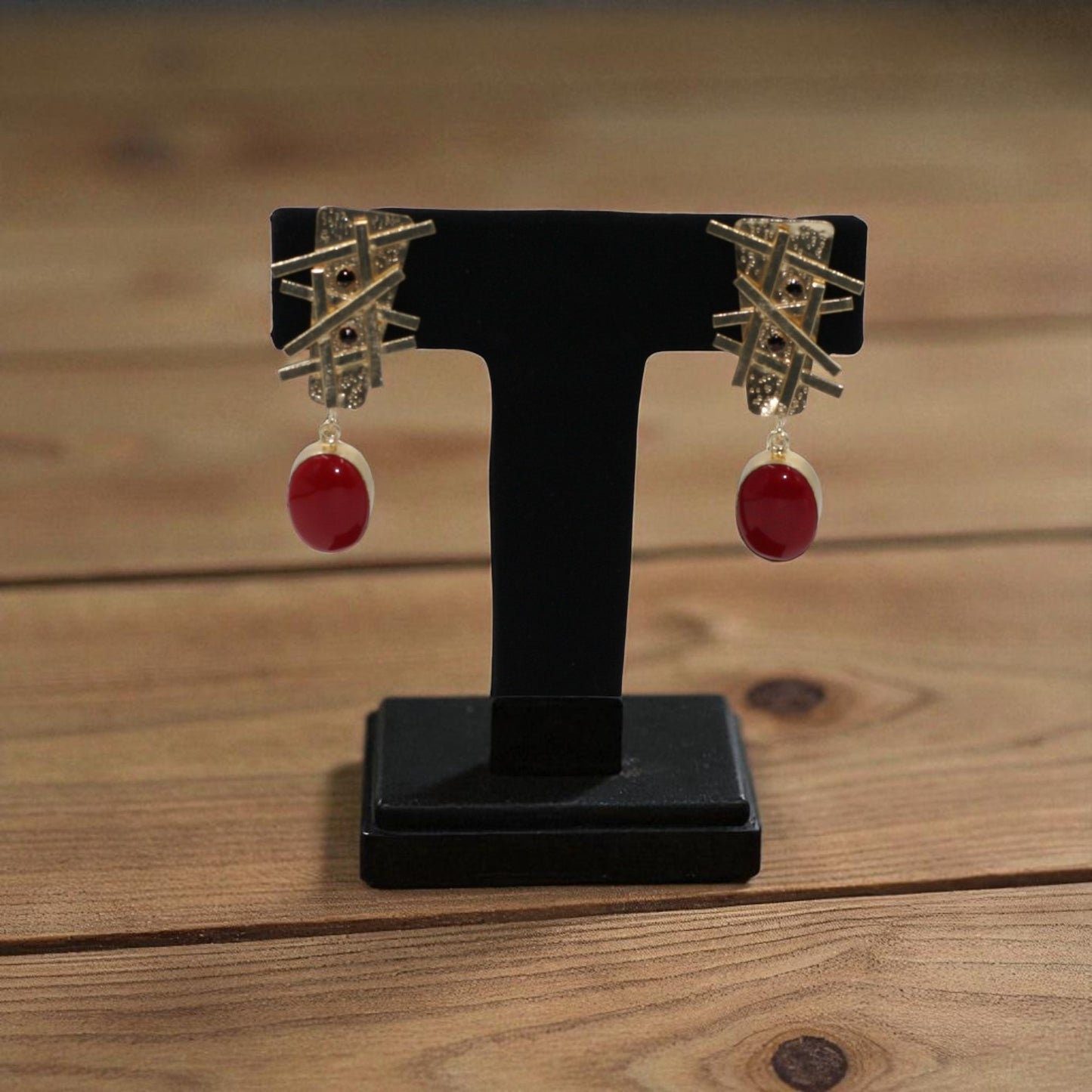 Crimson Lattice Drop Statement Earrings