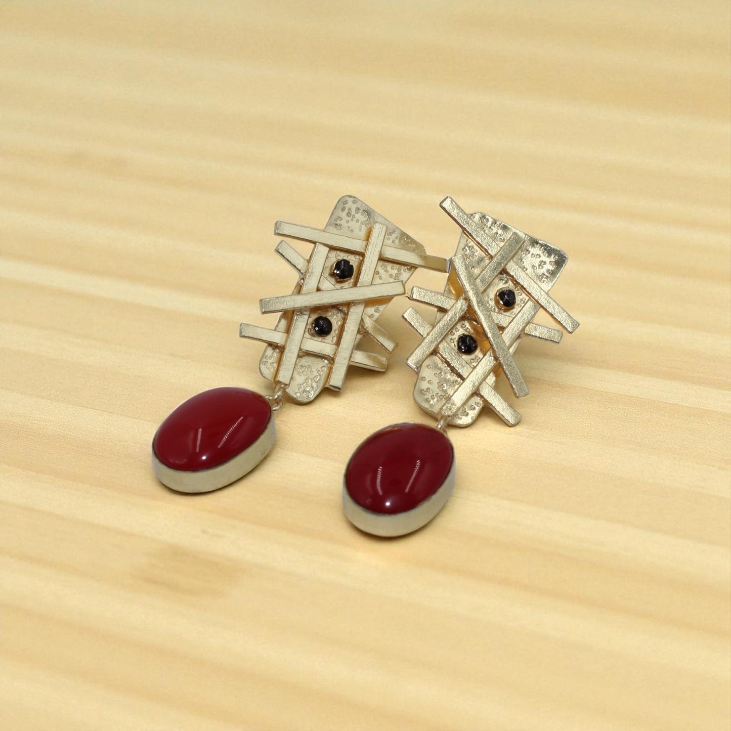 Crimson Lattice Drop Statement Earrings