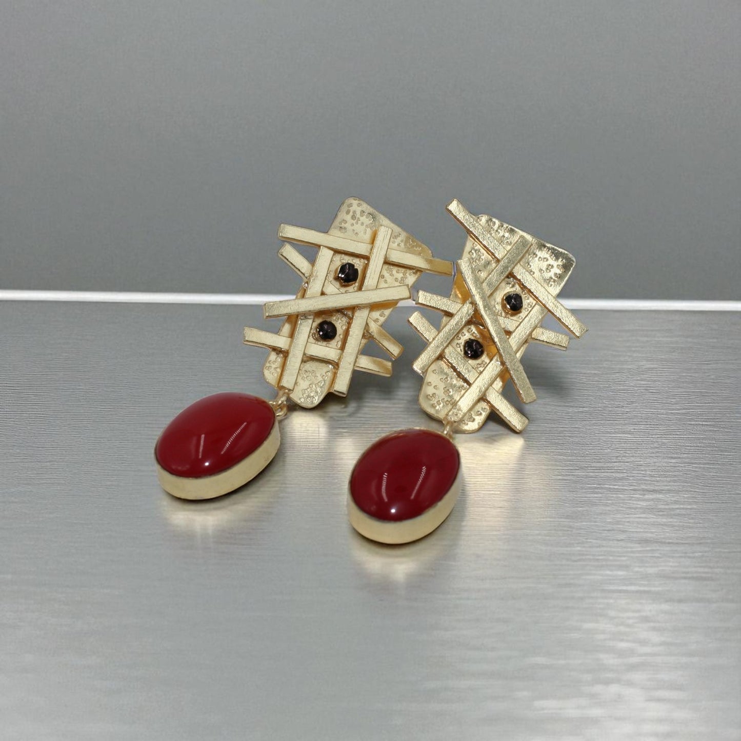 Crimson Lattice Drop Statement Earrings