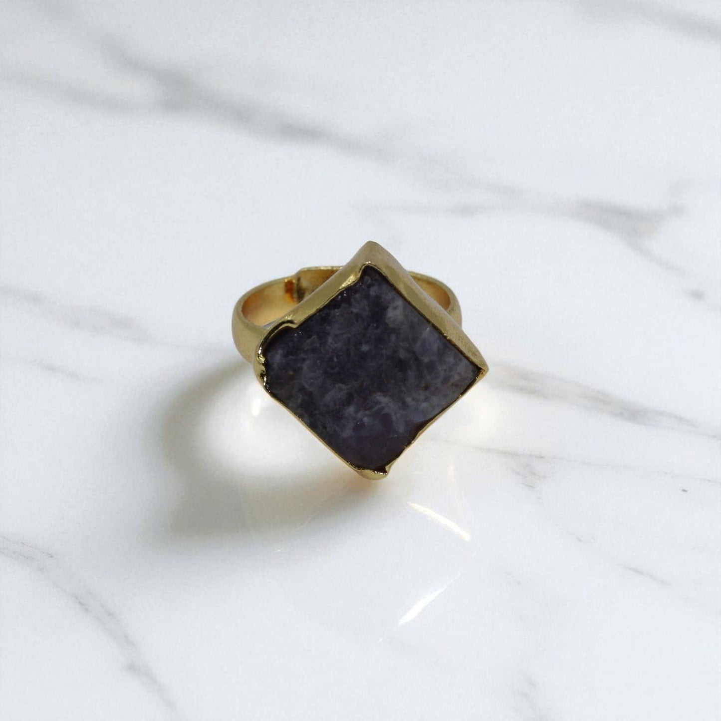 Raw Amethyst Textured Stone Ring with Gold-Tone Adjustable Band
