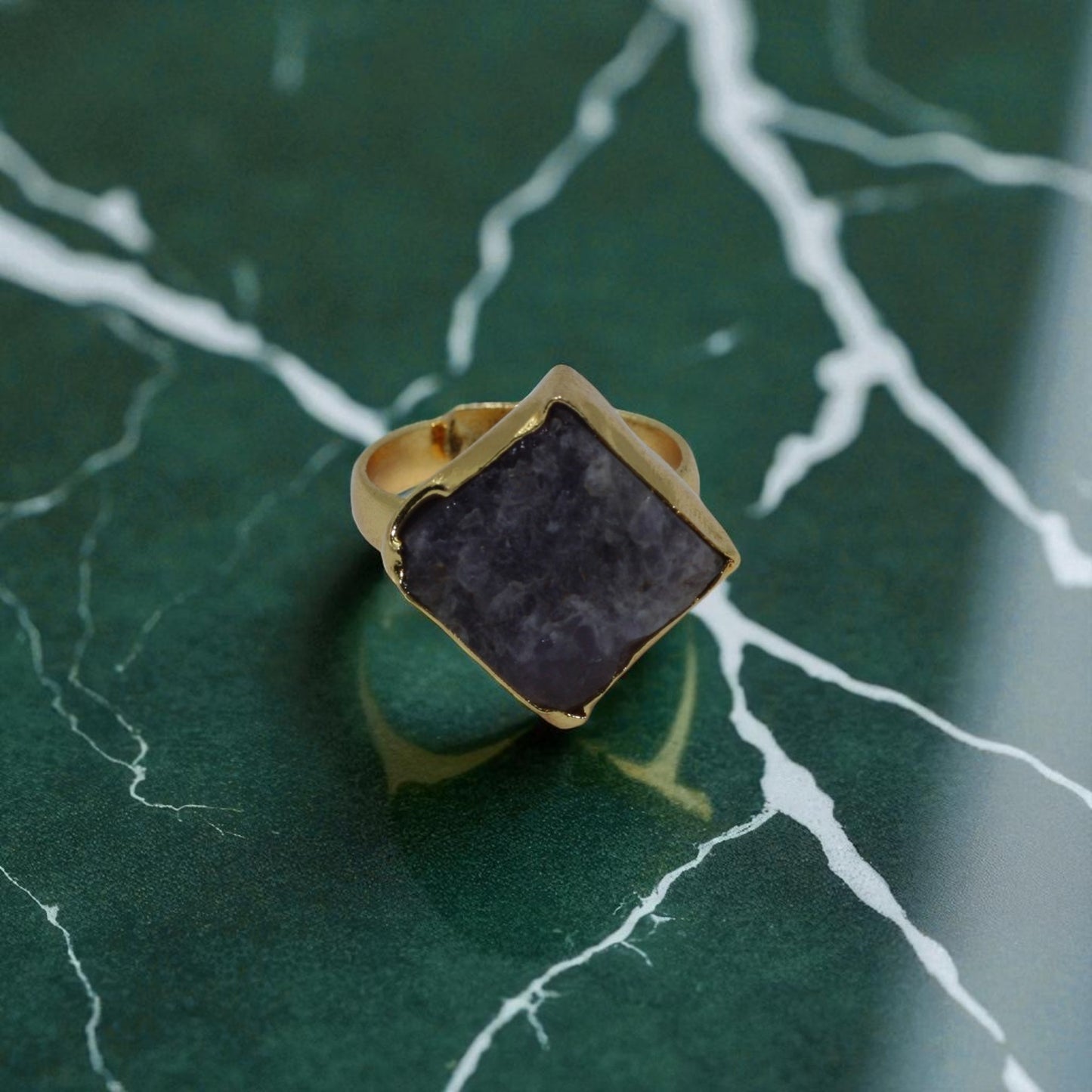 Raw Amethyst Textured Stone Ring with Gold-Tone Adjustable Band
