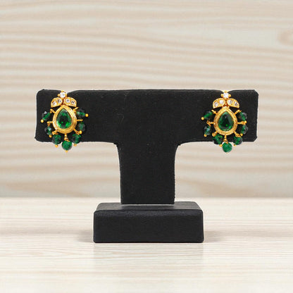 Emerald Green Teardrop Stud Earrings with Gold Finish and Crystal Accents