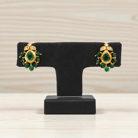 Emerald Green Teardrop Stud Earrings with Gold Finish and Crystal Accents