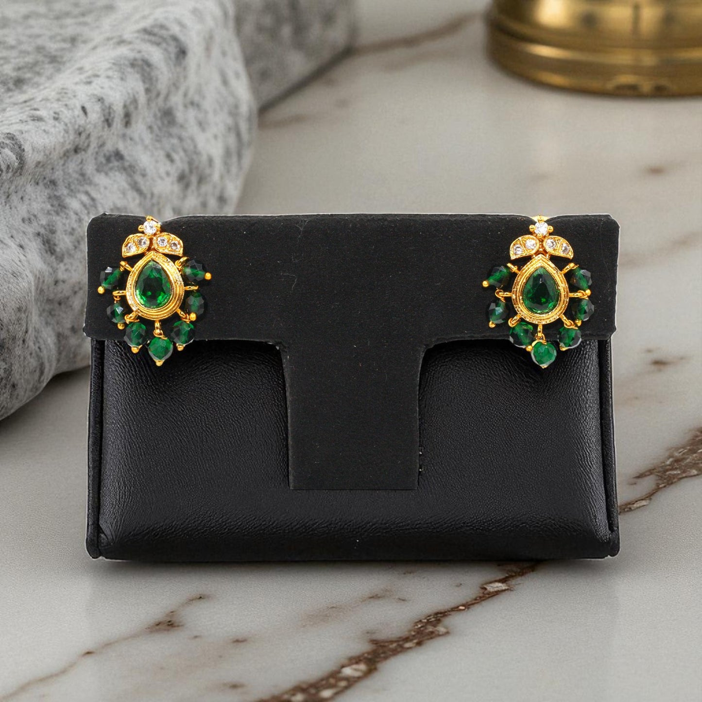Emerald Green Teardrop Stud Earrings with Gold Finish and Crystal Accents