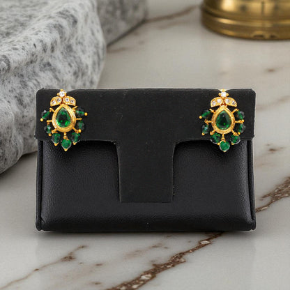 Emerald Green Teardrop Stud Earrings with Gold Finish and Crystal Accents