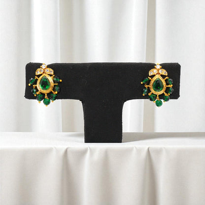 Emerald Green Teardrop Stud Earrings with Gold Finish and Crystal Accents
