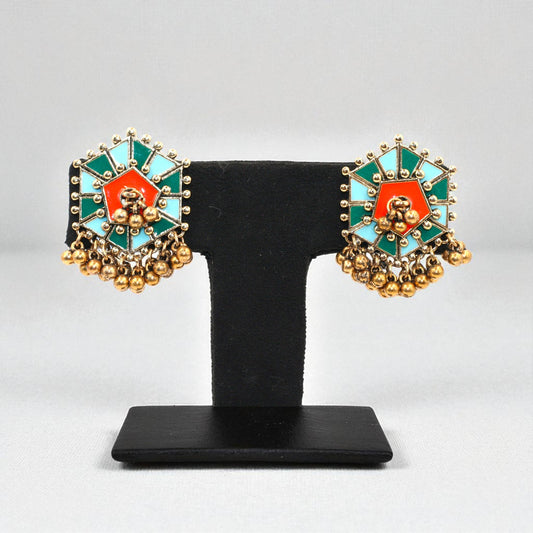 Multicolor Tribal-Inspired Geometric Stud Earrings with Antique Gold Ghungroo Detailing