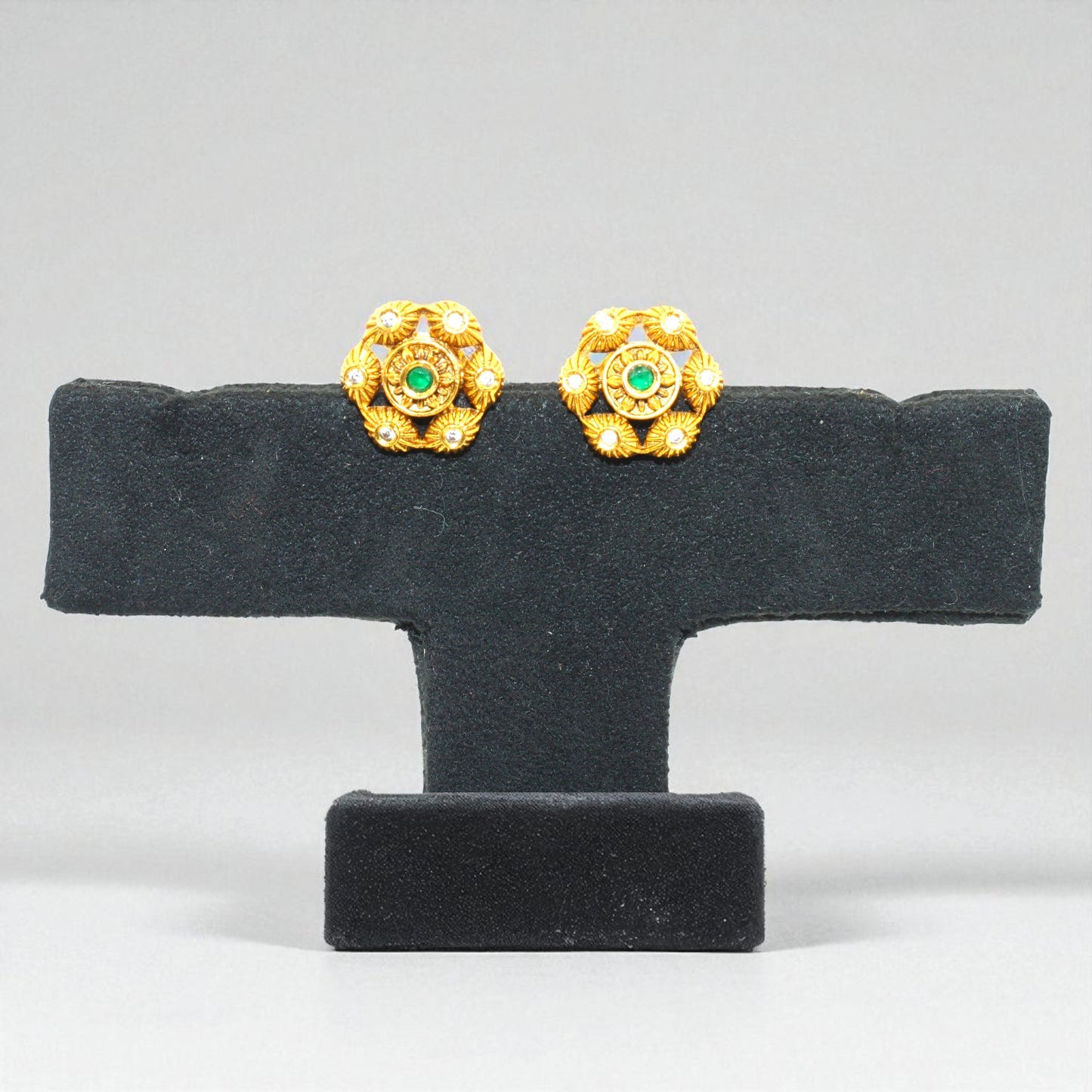 Antique Gold Floral Stud Earrings with Green Stone Center and CZ Accents