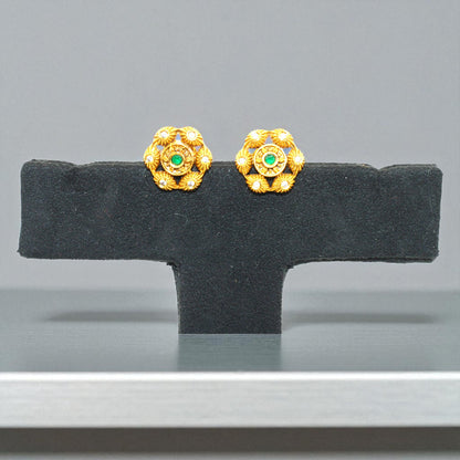 Antique Gold Floral Stud Earrings with Green Stone Center and CZ Accents