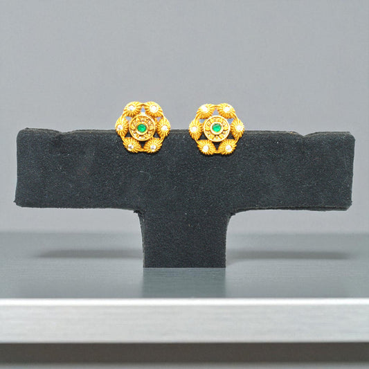 Antique Gold Floral Stud Earrings with Green Stone Center and CZ Accents