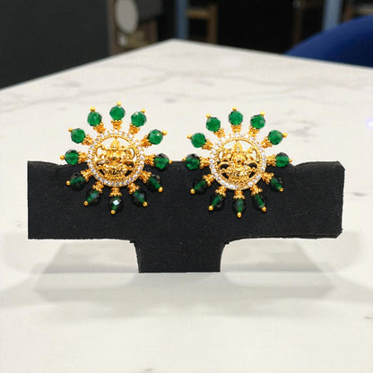 Goddess Lakshmi Stud Earrings with Green Beads & CZ Stone Circle – Temple Jewelry Style