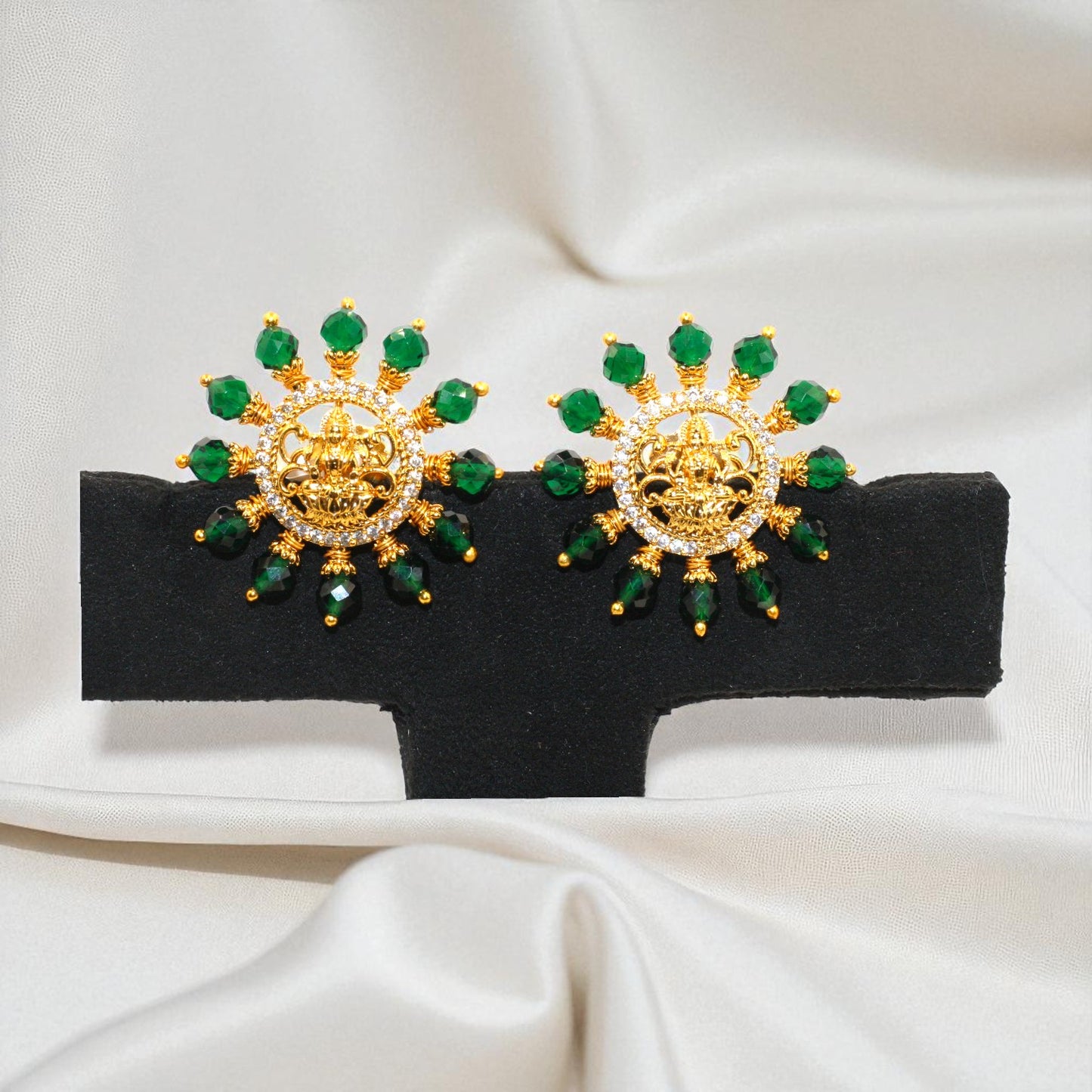 Goddess Lakshmi Stud Earrings with Green Beads & CZ Stone Circle – Temple Jewelry Style