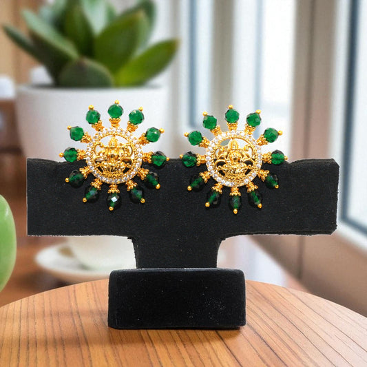 Goddess Lakshmi Stud Earrings with Green Beads & CZ Stone Circle – Temple Jewelry Style