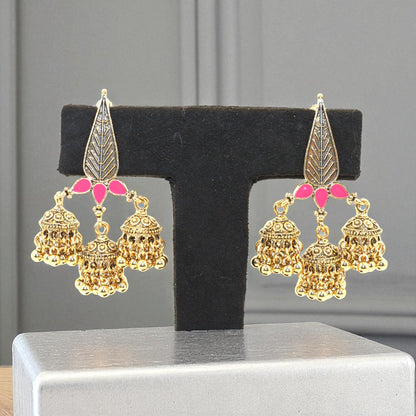Triple Jhumka Dangler Earrings with Pink Enamel Leaf Design – Antique Gold Finish