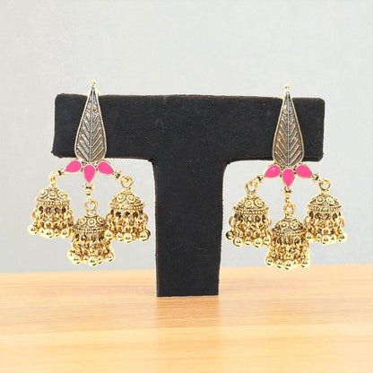 Triple Jhumka Dangler Earrings with Pink Enamel Leaf Design – Antique Gold Finish