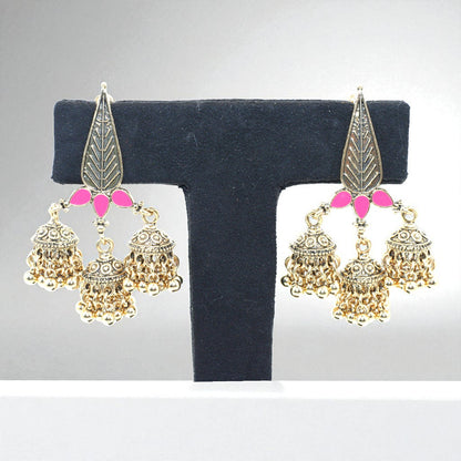 Triple Jhumka Dangler Earrings with Pink Enamel Leaf Design – Antique Gold Finish