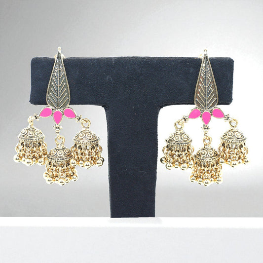 Triple Jhumka Dangler Earrings with Pink Enamel Leaf Design – Antique Gold Finish