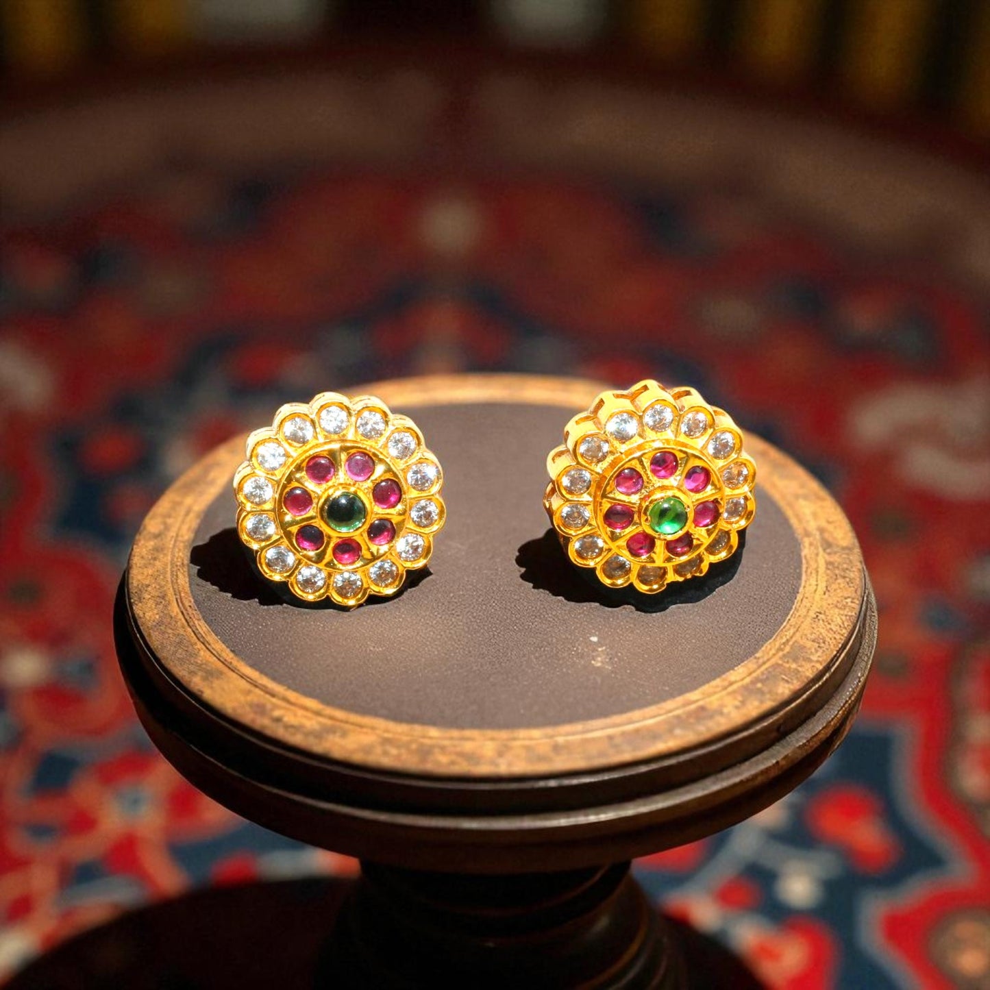 Floral Cluster Stud Earrings with Green, Pink & White Stones – Gold Finish