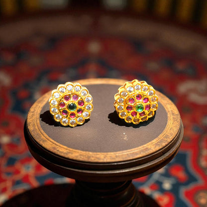 Floral Cluster Stud Earrings with Green, Pink & White Stones – Gold Finish