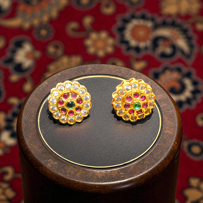 Floral Cluster Stud Earrings with Green, Pink & White Stones – Gold Finish