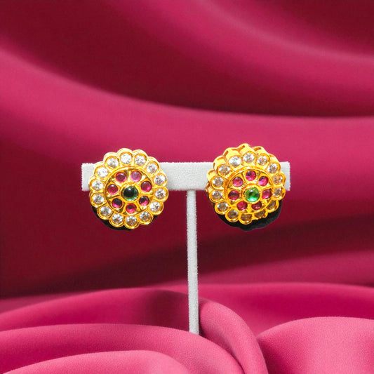 Floral Cluster Stud Earrings with Green, Pink & White Stones – Gold Finish