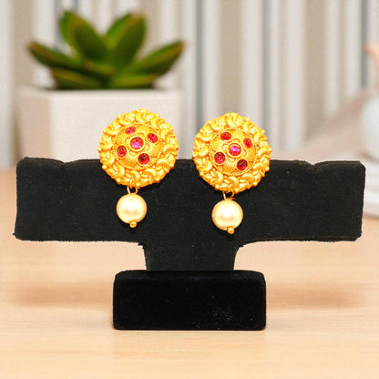 Antique Matte Gold Floral Stud Earrings with Ruby Stones & Pearl Drop