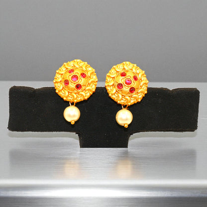 Antique Matte Gold Floral Stud Earrings with Ruby Stones & Pearl Drop