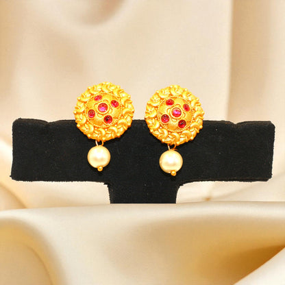Antique Matte Gold Floral Stud Earrings with Ruby Stones & Pearl Drop
