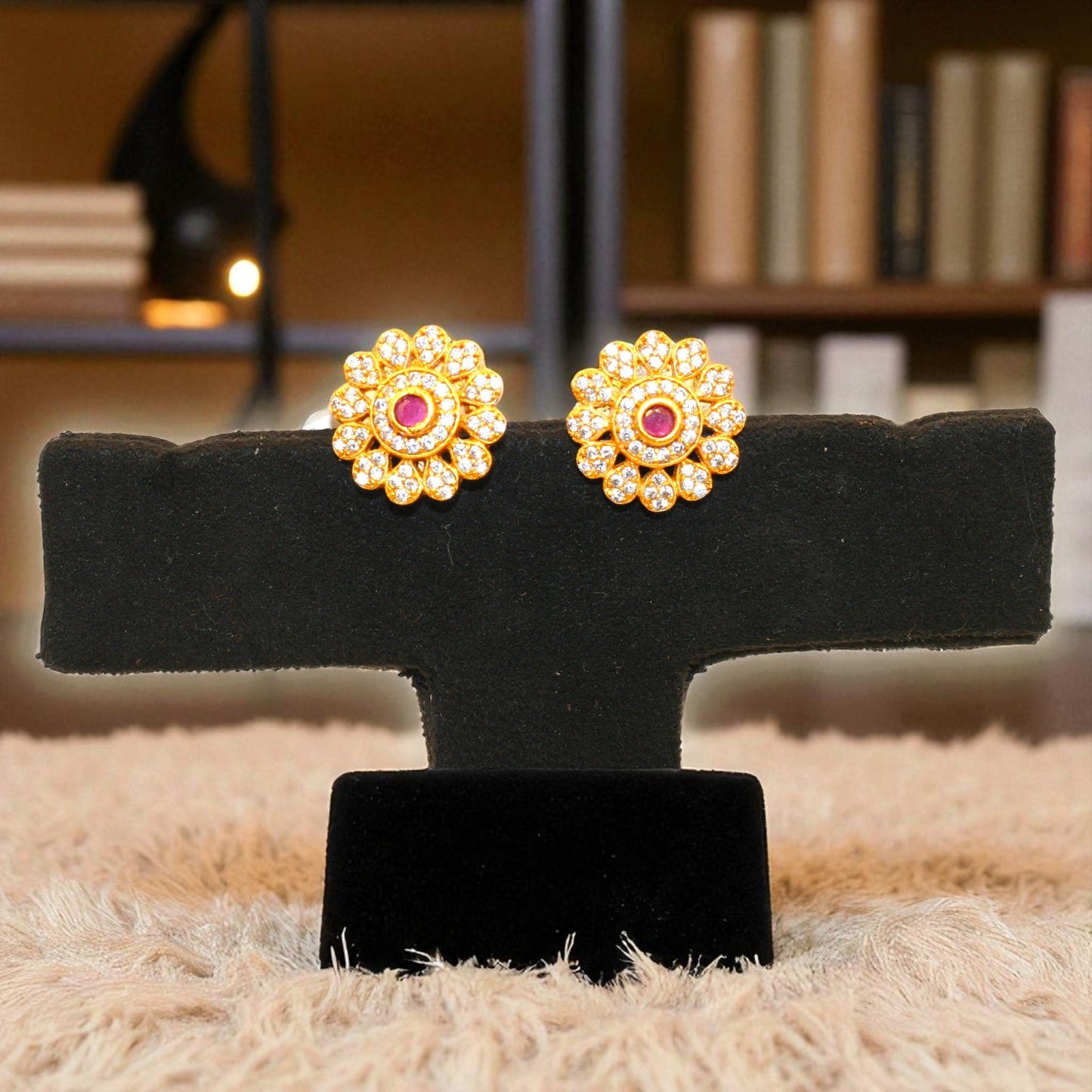 Floral CZ Stud Earrings with Ruby Center
