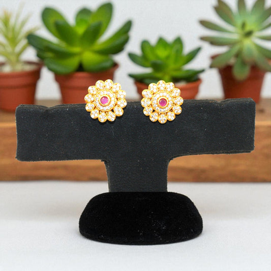 Floral CZ Stud Earrings with Ruby Center