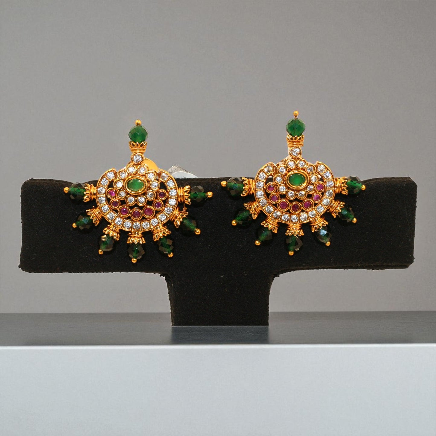 Royal Crescent Chandbali Earrings with Green & Ruby Stones