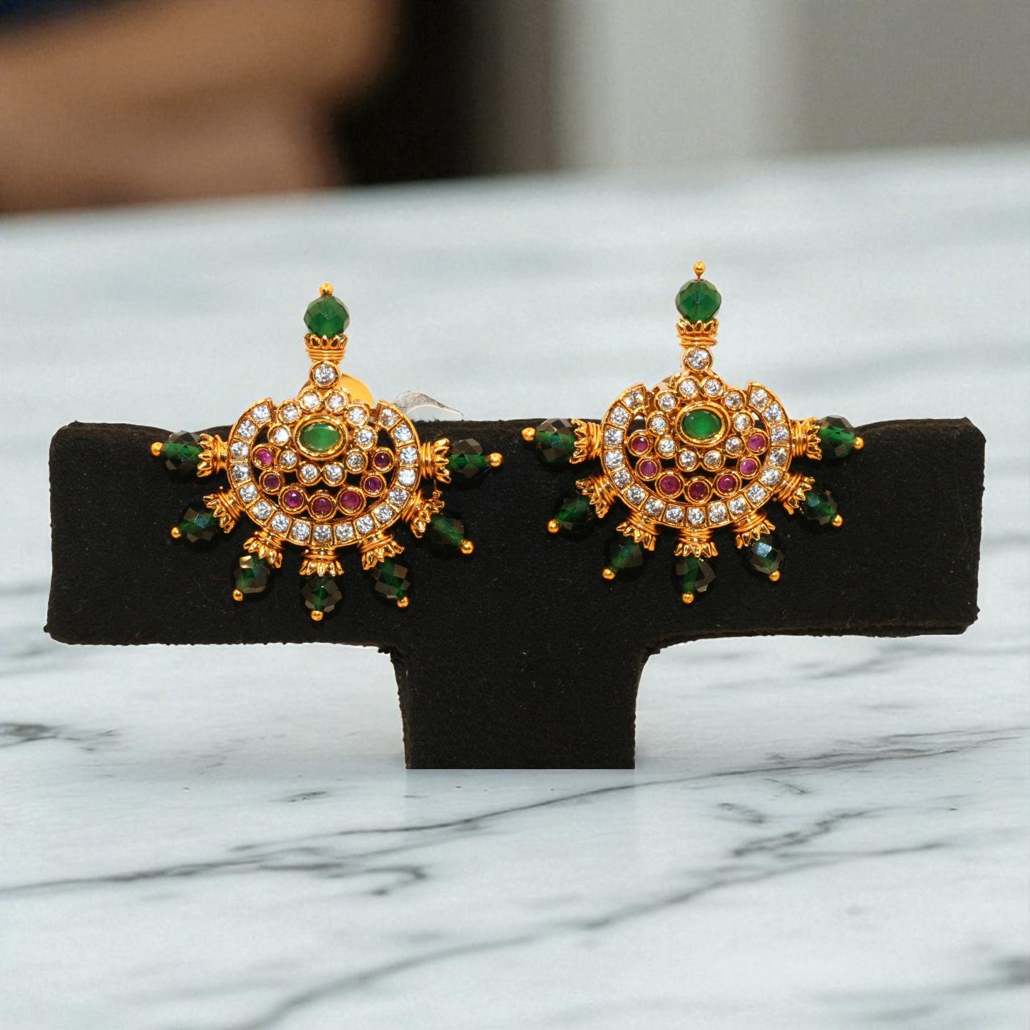 Royal Crescent Chandbali Earrings with Green & Ruby Stones