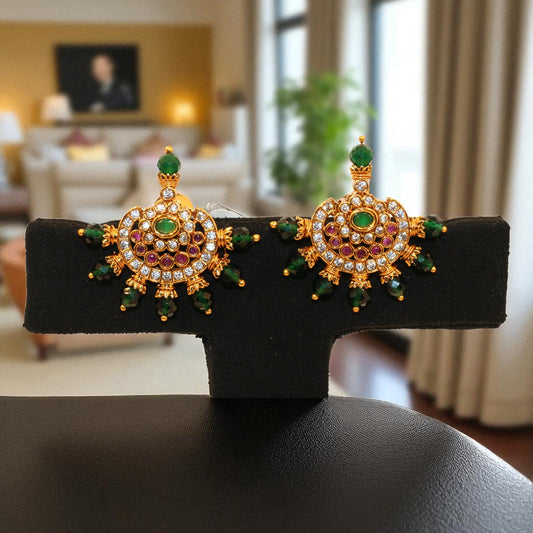 Royal Crescent Chandbali Earrings with Green & Ruby Stones
