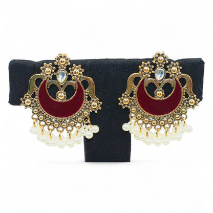 Antique Maroon Crescent Chandbali with Pearl Drops