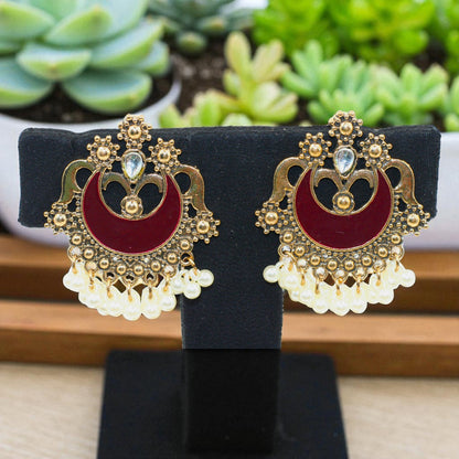 Antique Maroon Crescent Chandbali with Pearl Drops