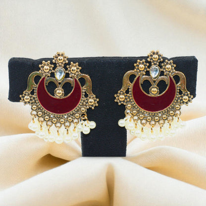 Antique Maroon Crescent Chandbali with Pearl Drops