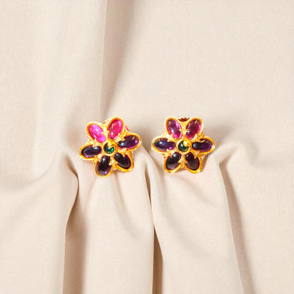 Purple Meenakari Floral Stud Earrings