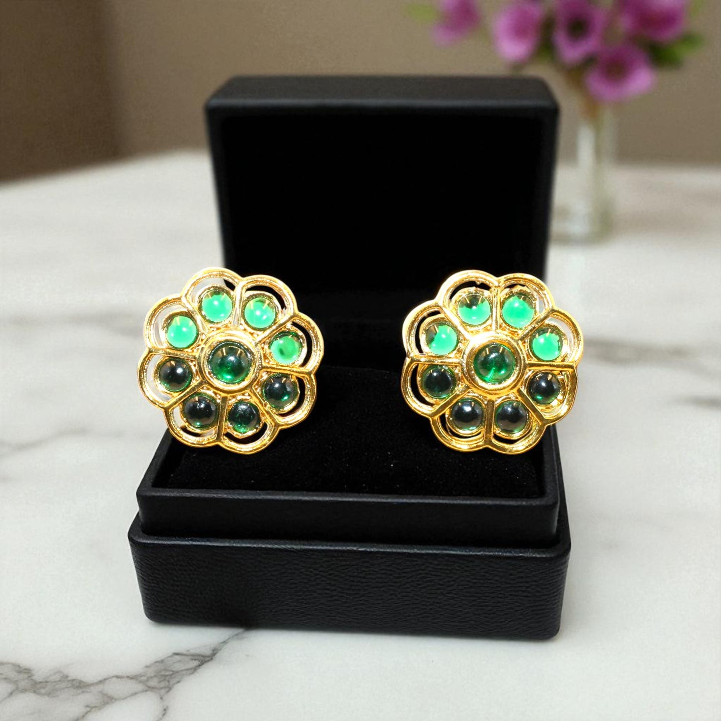 Emerald Green Lotus Stud Earrings