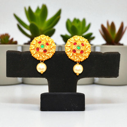 Temple-Inspired Gold Tone Pearl Drop Earrings